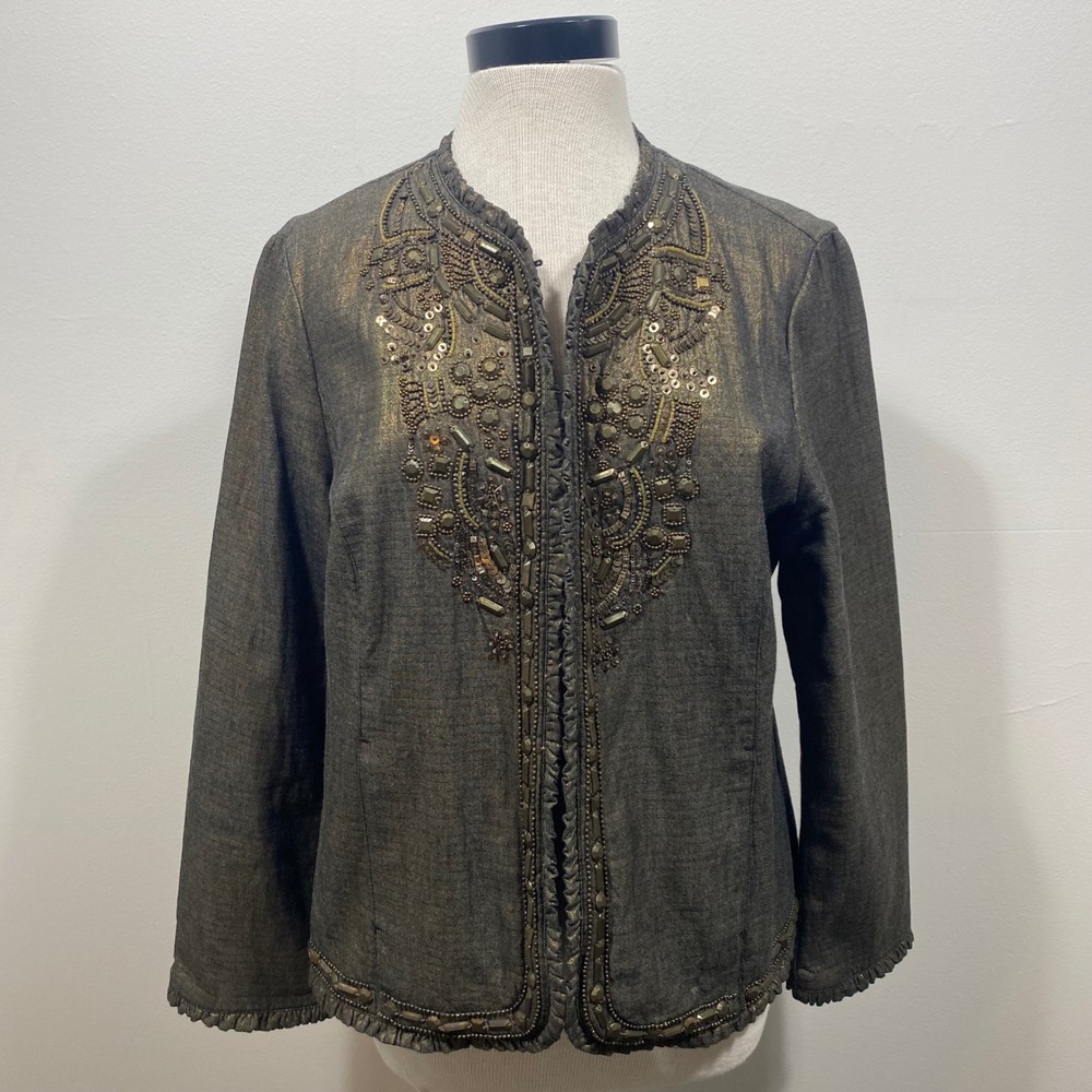Chico's Embellished Dark Gray Metallic Trim Jacket